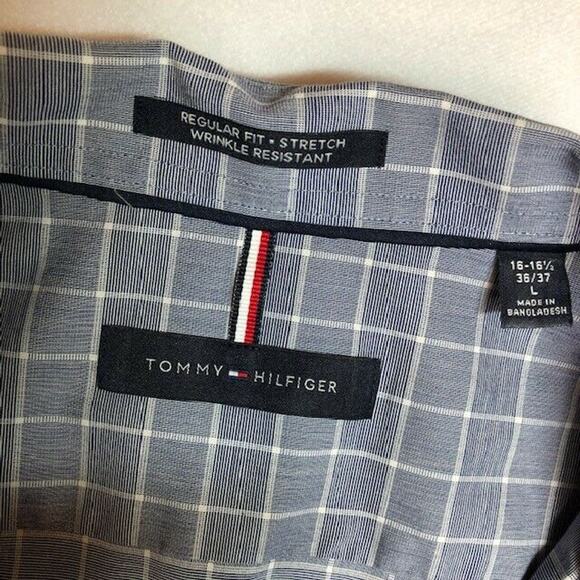 Tommy Hilfiger button down plaid dress shirt blue white size 16-16.5 36/37 large - Picture 3 of 5